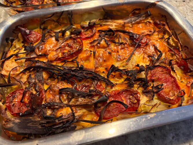 Gratin de légumes au gouda et mimolette